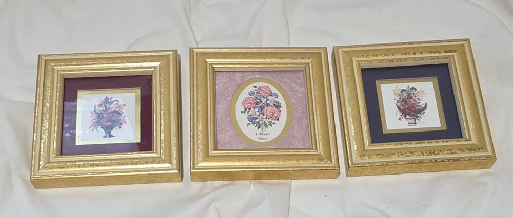 Vintage Heartfelt Collection Floral Mini Framed Prints Set of 3 Gold Tone
